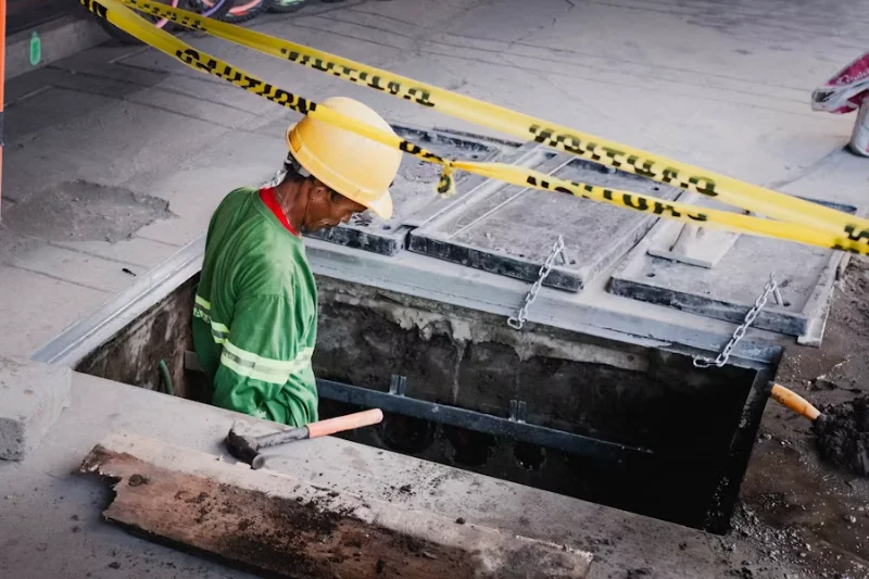 A contractor woking in basement ventilation shaft.