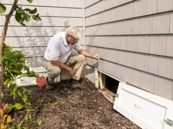 Contractor is opening a homes crawl space for inspection.