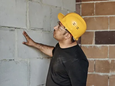 A contractor inspecting a basement wall.